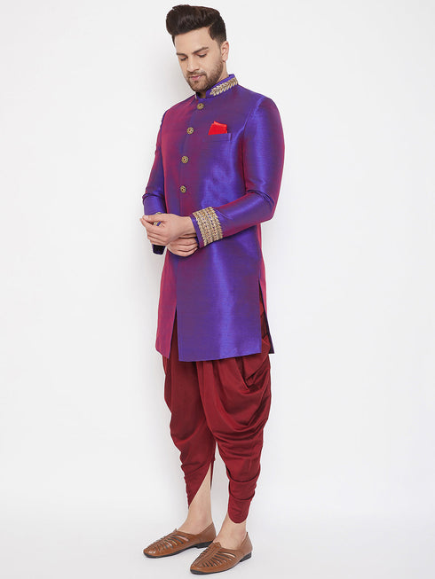 Vastramay Men's Purple Silk Blend Sherwani Set